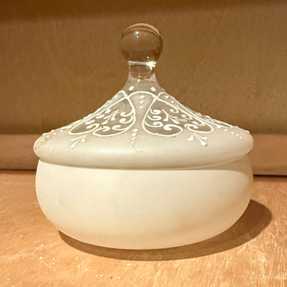Antique Frosted Glass Trinket Jar with Decorative Lid-  cracked lid delicate